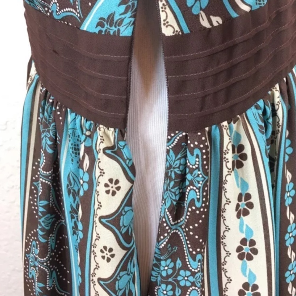 Sandra Darren Floral Brown & Aqua Boho Sleeveless V Neck Cocktail Party Dress 12 - Picture 13 of 16